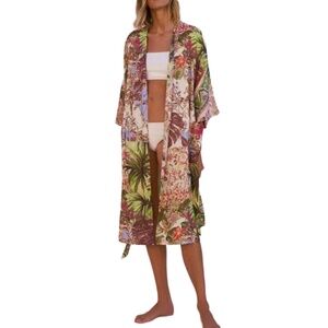 Zara Kimono Tropical Print Colorful Mid Lenghth Belted Lightweight Jacket Size M